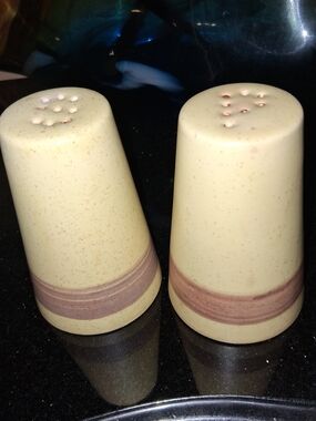 Speckled Beige Ceramic Salt and Pepper Shakers with Brown Band
